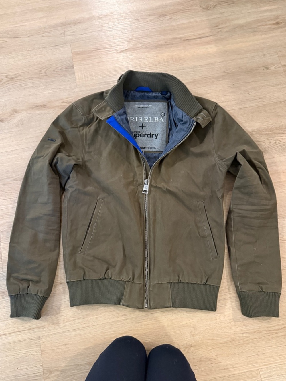 Superdry Men's Olive Green Bomber Jacket with Blue Accent